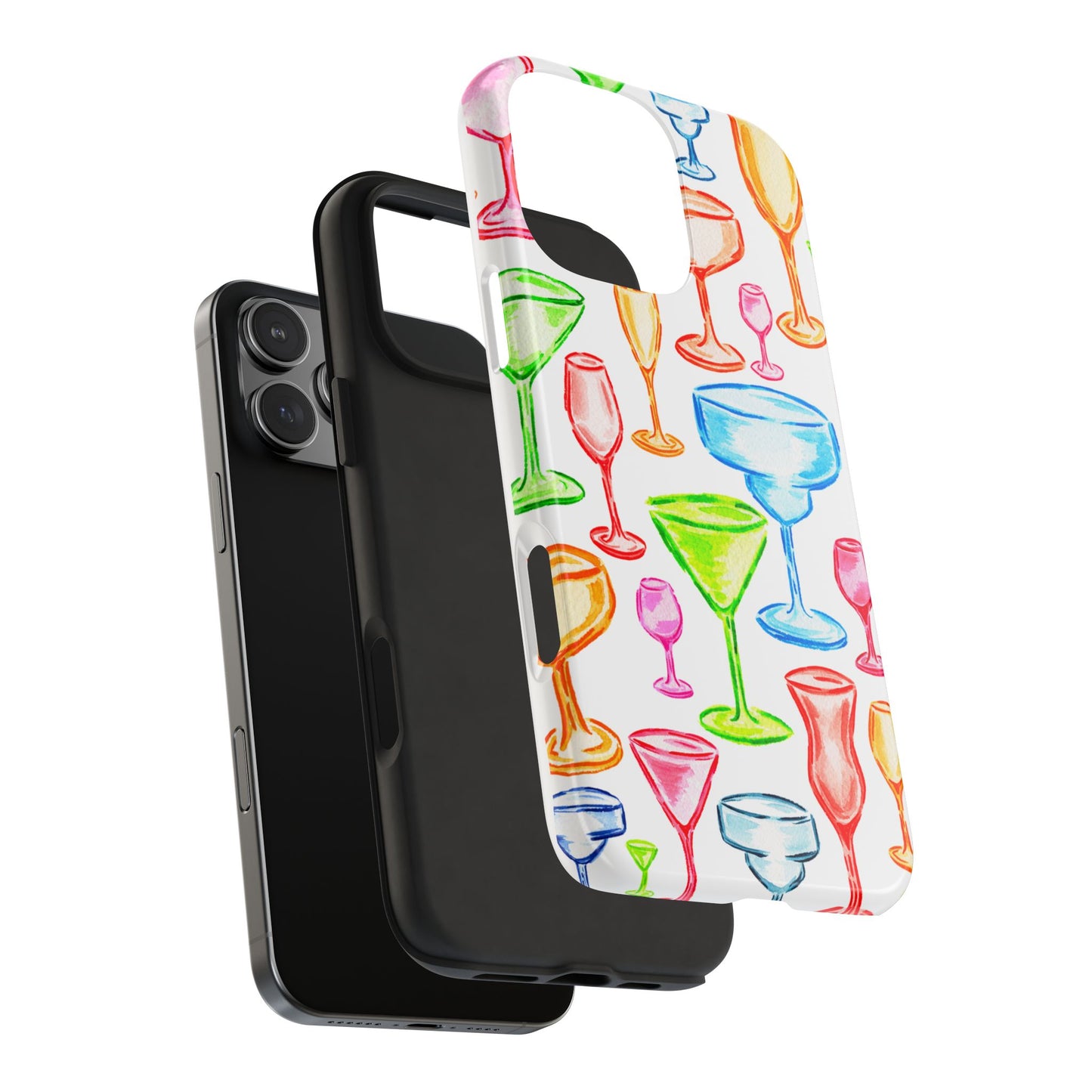 Monochromatic Margarita, Wine, Martini, and Champagne Flute Cocktail Glasses Watercolor Illustrated Tough Phone Case | Various Models Available