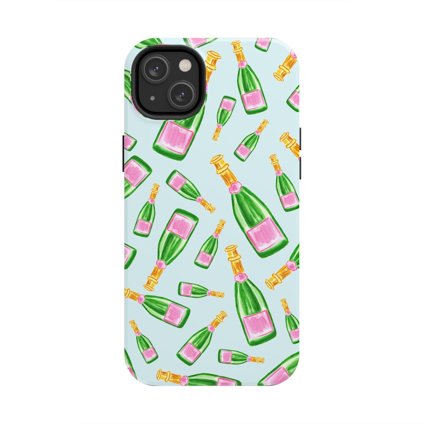 Tossed Pink and Green Watercolor Illustrated Champagne Bottles Pattern Light Blue Tough Phone Case | Various Models