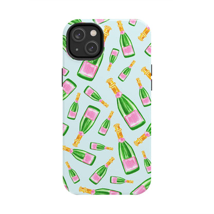 Tossed Pink and Green Watercolor Illustrated Champagne Bottles Pattern Light Blue Tough Phone Case | Various Models