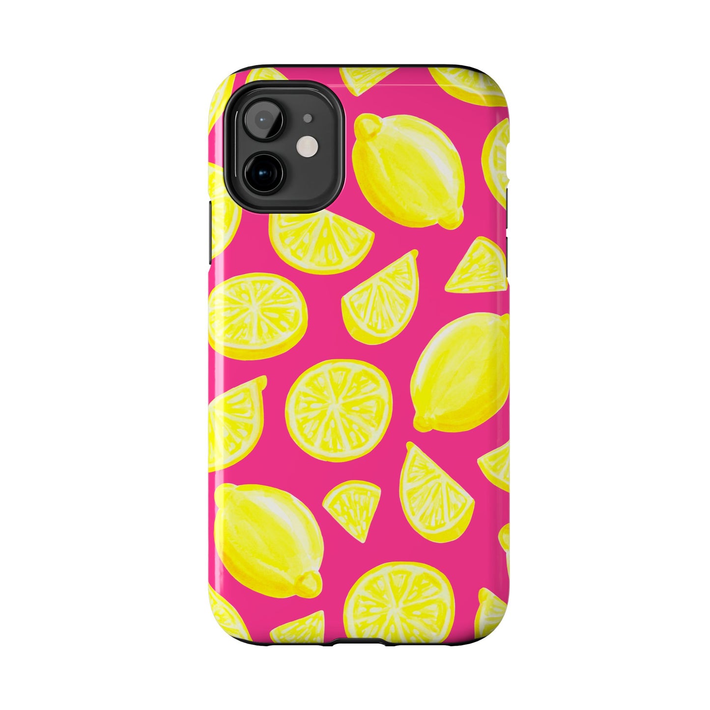 Bright Yellow Lemons Watercolor Illustrated Tossed Pattern Watermelon Pink Tough Phone Case | Various Models