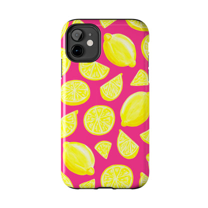 Bright Yellow Lemons Watercolor Illustrated Tossed Pattern Watermelon Pink Tough Phone Case | Various Models