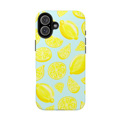 Bright Yellow Lemons Watercolor Illustrated Tossed Pattern Light Blue Tough Phone Case | Various Models