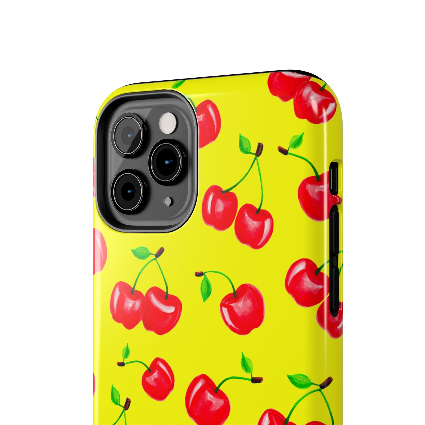Tossed Red Watercolor Cherries Illustrated Pattern Bright Yellow Tough Phone Case | Various Models