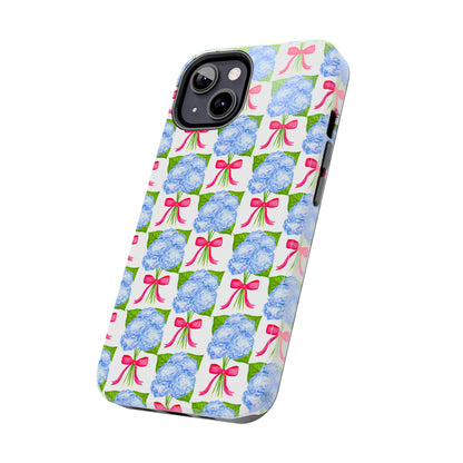 Blue Watercolor Hydrangea Bouquets with Hot Pink Bows Illustrated Patterned Tough Phone Case | Various Models
