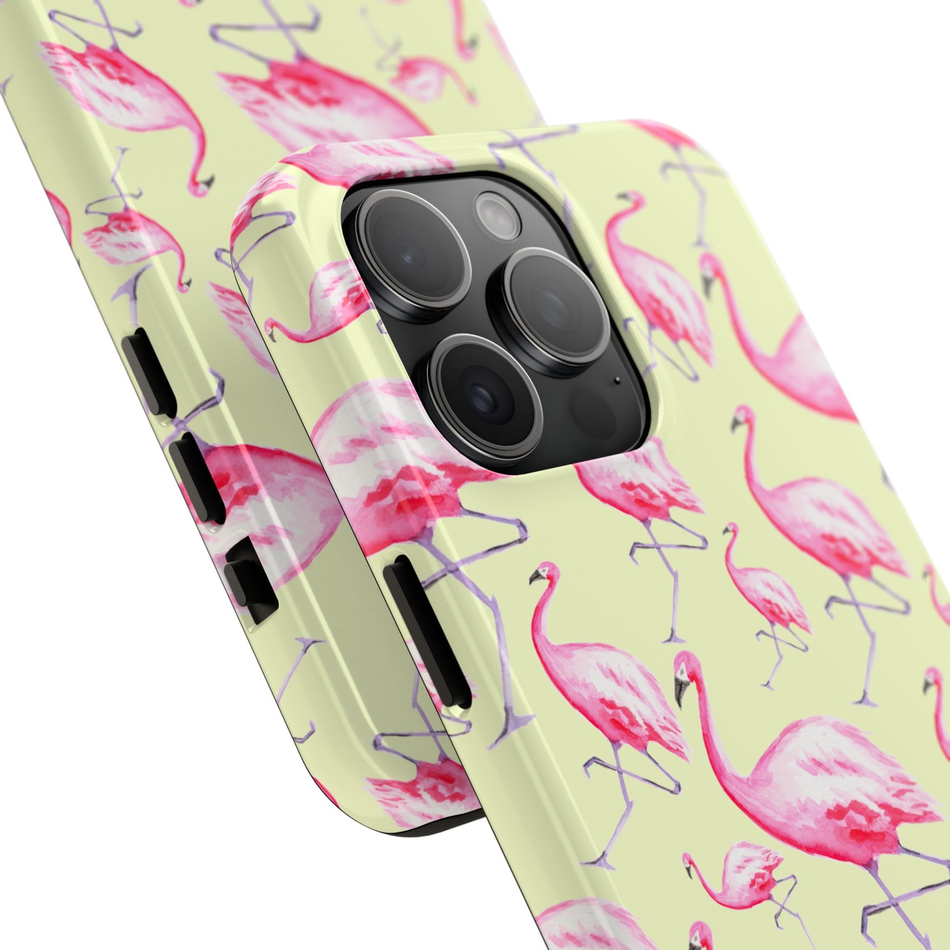 Pink Flamingos Watercolor Illustrated Tossed Pattern Yellow Phone Case | Various Models