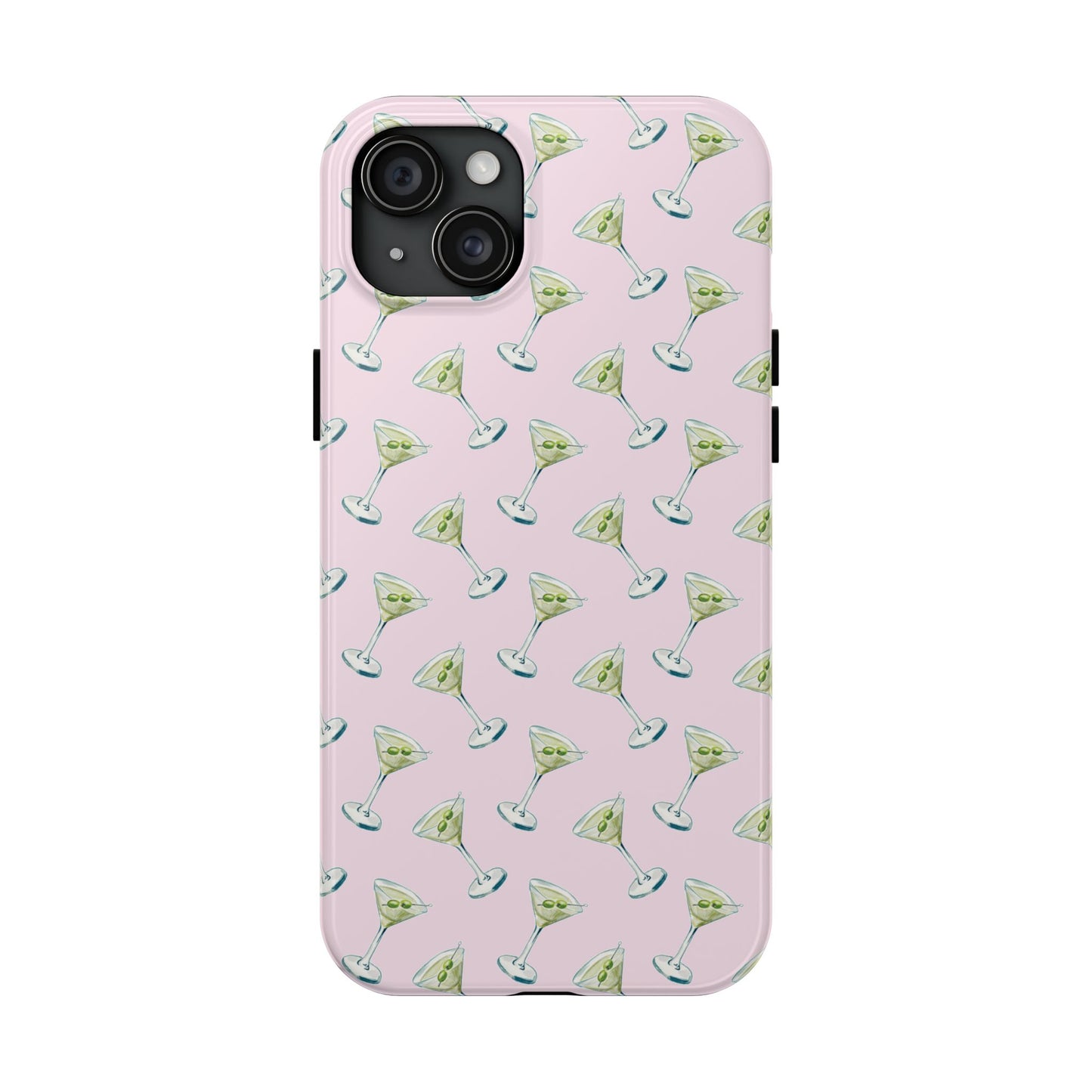 Light Pink Mini Martini Watercolor Illustrated Tossed Pattern Tough Phone Case | Various Models Available iPhone 15 Plus