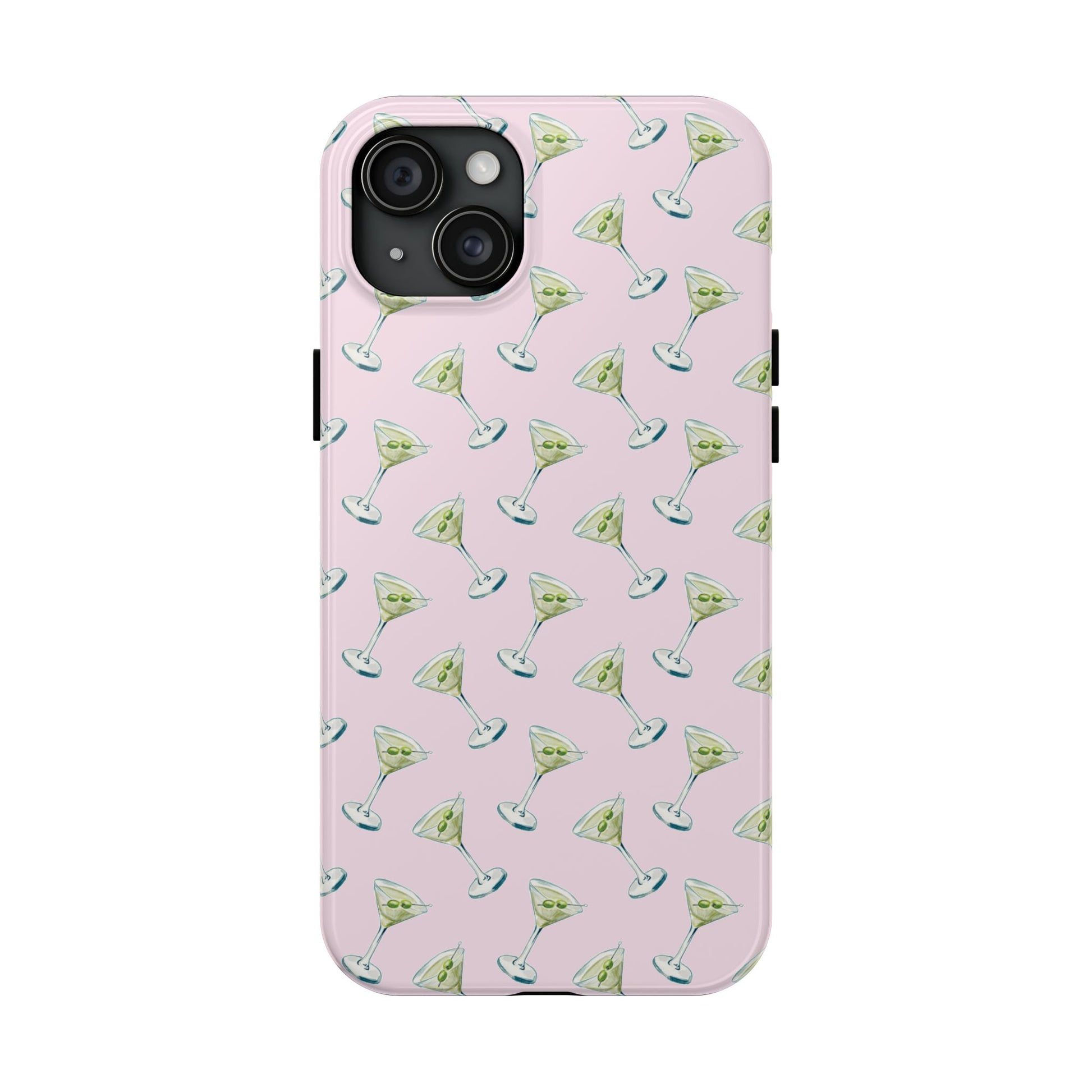 Light Pink Mini Martini Watercolor Illustrated Tossed Pattern Tough Phone Case | Various Models Available iPhone 15 Plus