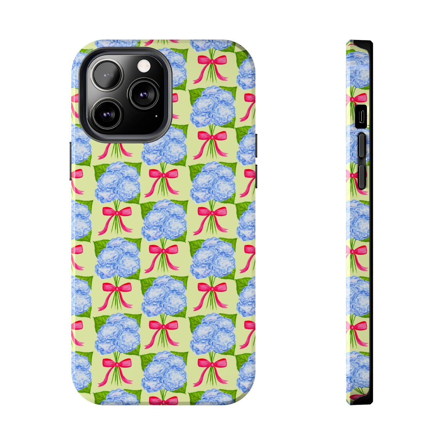 Blue Watercolor Hydrangea Bouquets with Hot Pink Bows Illustrated Patterned Yellow Preppy Grand Millenial Tough Phone Case | Various Models