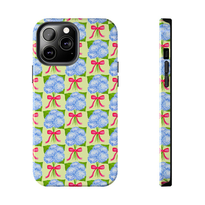 Blue Watercolor Hydrangea Bouquets with Hot Pink Bows Illustrated Patterned Yellow Preppy Grand Millenial Tough Phone Case | Various Models