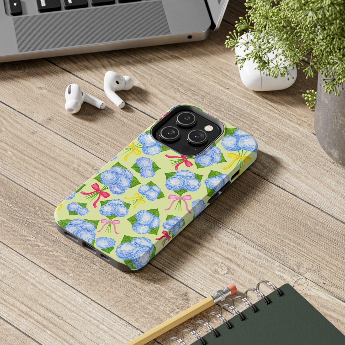 Blue Watercolor Hydrangea Bunches with Hot Pink, Yellow, Light Pink Bows Illustrated Patterned Yellow Tough Phone Case | Various Models