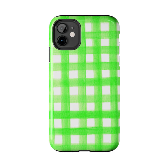 Lime Green Gingham Watercolor Illustrated Tough Phone Case | Various Models Available