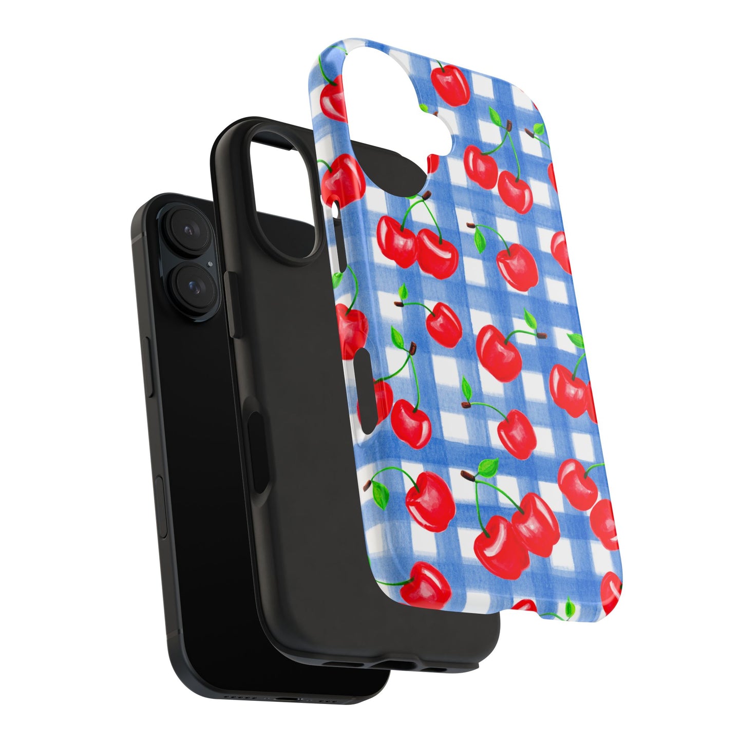 Tossed Red Watercolor Illustrated Cherries Light Blue Gingham Tough Phone Case | Various Models