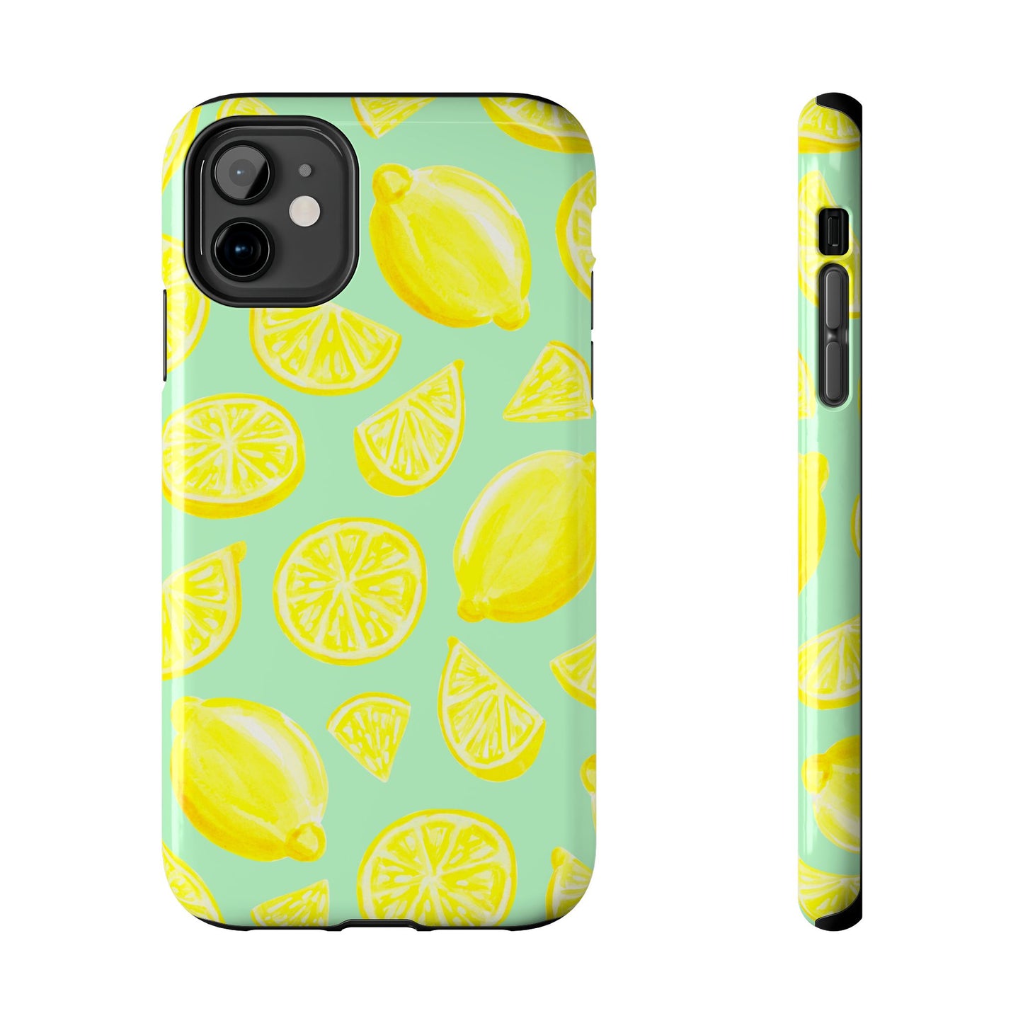 Bright Yellow Lemons Watercolor Illustrated Tossed Pattern Mint Green Tough Phone Case | Various Models