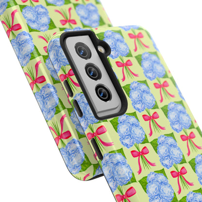 Blue Watercolor Hydrangea Bouquets with Hot Pink Bows Illustrated Patterned Yellow Preppy Grand Millenial Tough Phone Case | Various Models