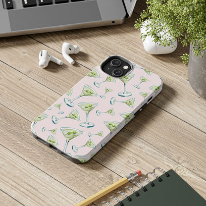 Watercolor Blue and Green Martinis Tossed Illustrated Pattern Blush Pink Tough Phone Case | Various Models