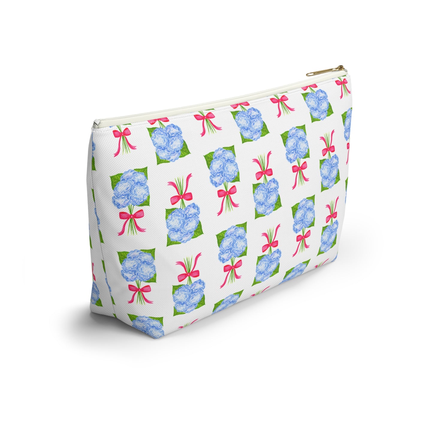 Blue Hydrangea Bouquets with Hot Pink Bows Watercolor Illustrated Printed Accessory Pouch T-Bottom | Large or Small
