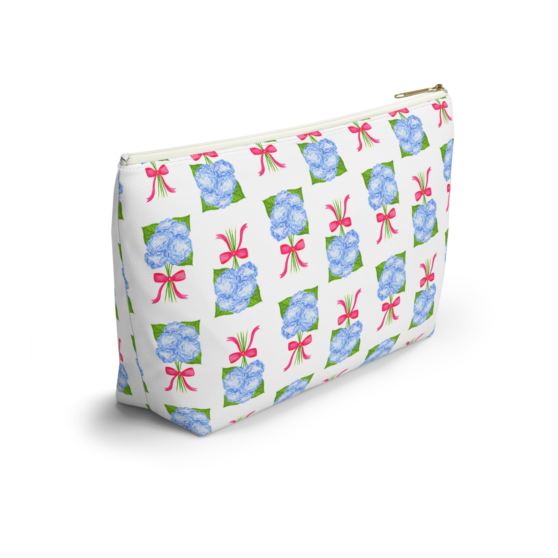 Blue Hydrangea Bouquets with Hot Pink Bows Watercolor Illustrated Printed Accessory Pouch T-Bottom | Large or Small