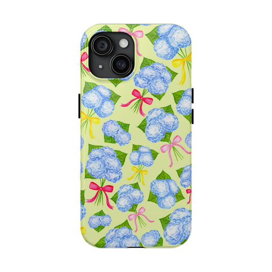Blue Watercolor Hydrangea Bunches with Hot Pink, Yellow, Light Pink Bows Illustrated Patterned Yellow Tough Phone Case | Various Models iPhone 15