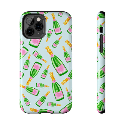 Tossed Pink and Green Watercolor Illustrated Champagne Bottles Pattern Light Blue Tough Phone Case | Various Models