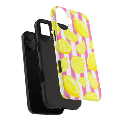 Pink Lemonade Yellow Lemons with Pink & White Watercolor Stripes Tough Phone Case