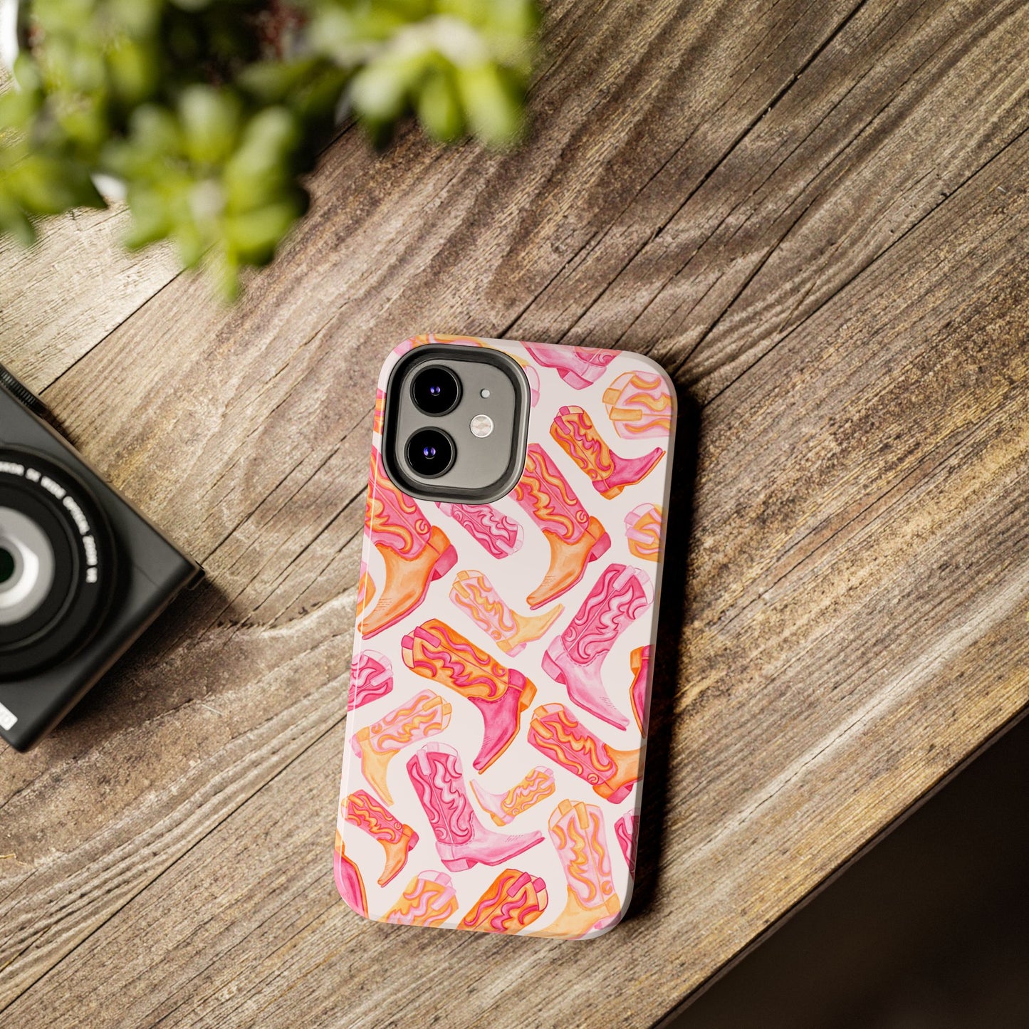 Tossed Hot Pink & Orange Watercolor Cowboy Boots Tough Light Pink Phone Case | Various Models Available