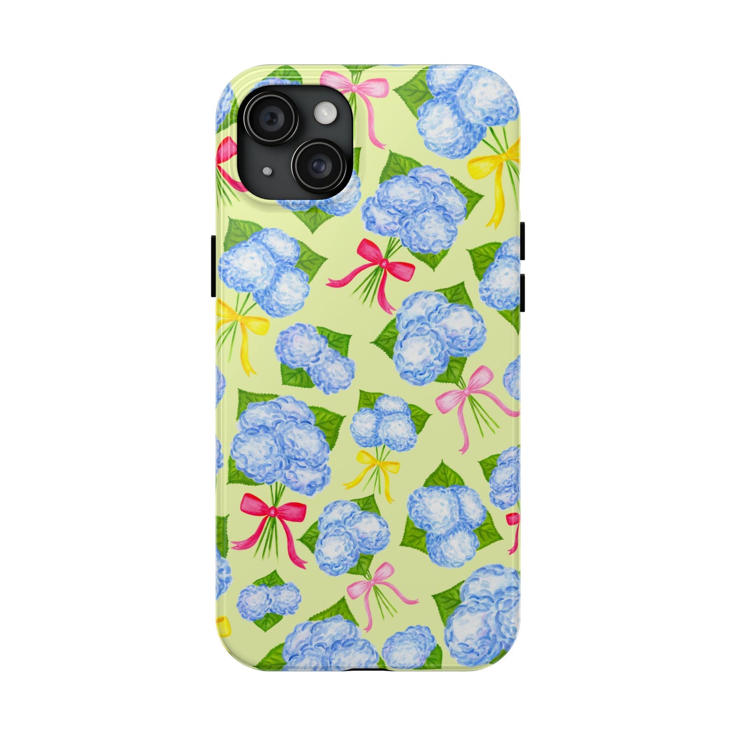 Blue Watercolor Hydrangea Bunches with Hot Pink, Yellow, Light Pink Bows Illustrated Patterned Yellow Tough Phone Case | Various Models