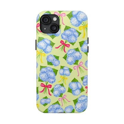 Blue Watercolor Hydrangea Bunches with Hot Pink, Yellow, Light Pink Bows Illustrated Patterned Yellow Tough Phone Case | Various Models