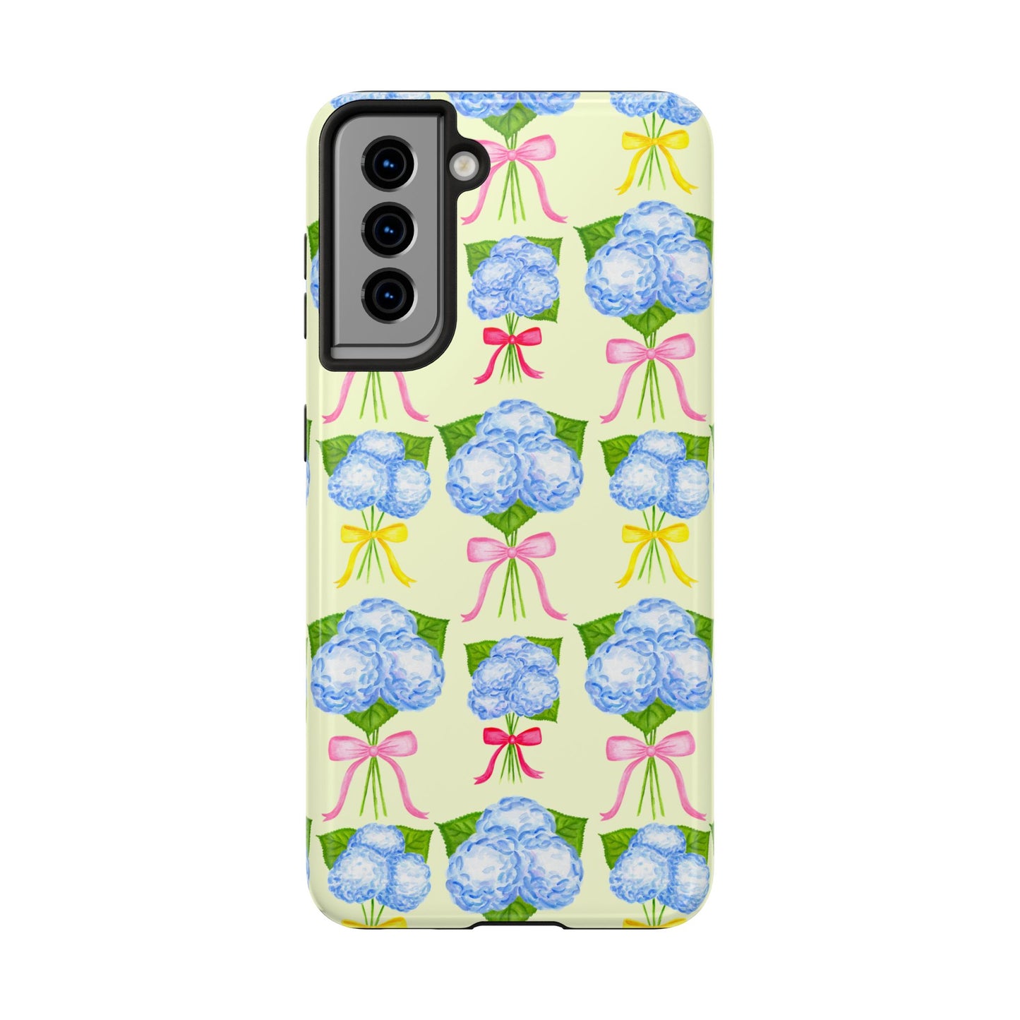 Blue Hydrangeas with Hot Pink, Yellow, Light Pink Bows Watercolor Illustrated Patterned Light Yellow Tough Phone Case | Various Models