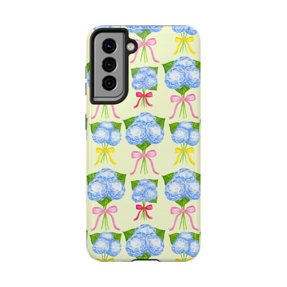 Blue Hydrangeas with Hot Pink, Yellow, Light Pink Bows Watercolor Illustrated Patterned Light Yellow Tough Phone Case | Various Models