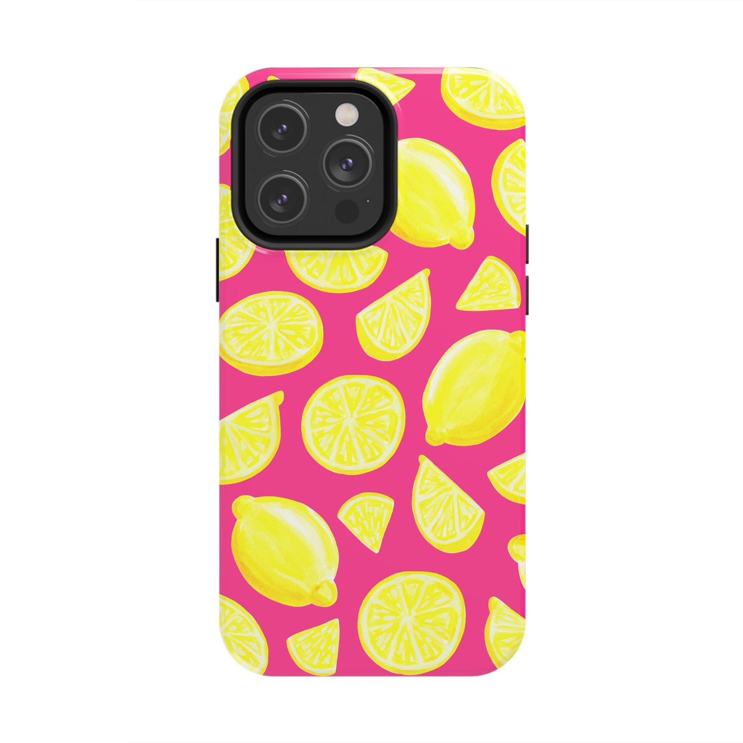 Bright Yellow Lemons Watercolor Illustrated Tossed Pattern Watermelon Pink Tough Phone Case | Various Models