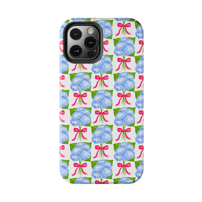 Blue Watercolor Hydrangea Bouquets with Hot Pink Bows Illustrated Patterned Tough Phone Case | Various Models