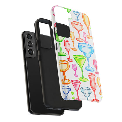 Monochromatic Margarita, Wine, Martini, and Champagne Flute Cocktail Glasses Watercolor Illustrated Tough Phone Case | Various Models Available