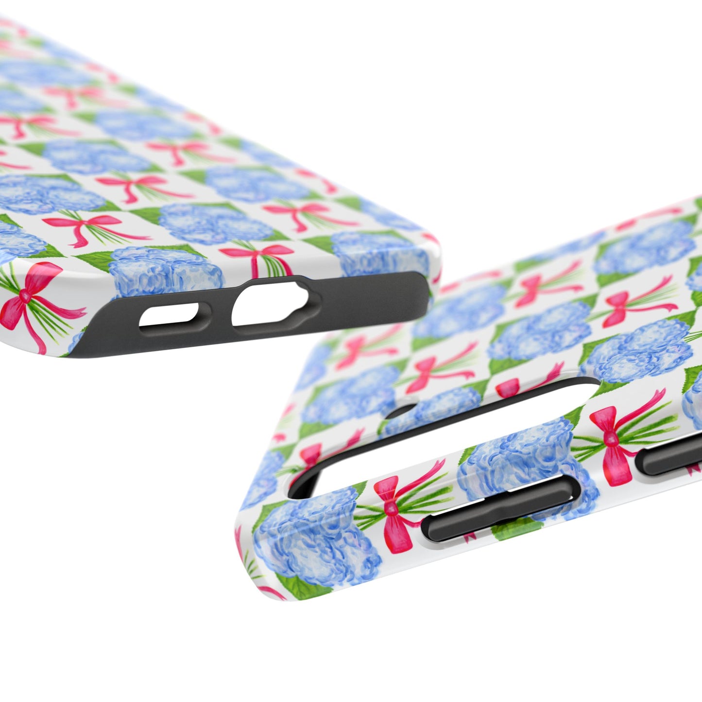 Blue Watercolor Hydrangea Bouquets with Hot Pink Bows Illustrated Patterned Tough Phone Case | Various Models