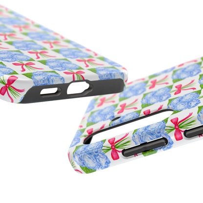 Blue Watercolor Hydrangea Bouquets with Hot Pink Bows Illustrated Patterned Tough Phone Case | Various Models