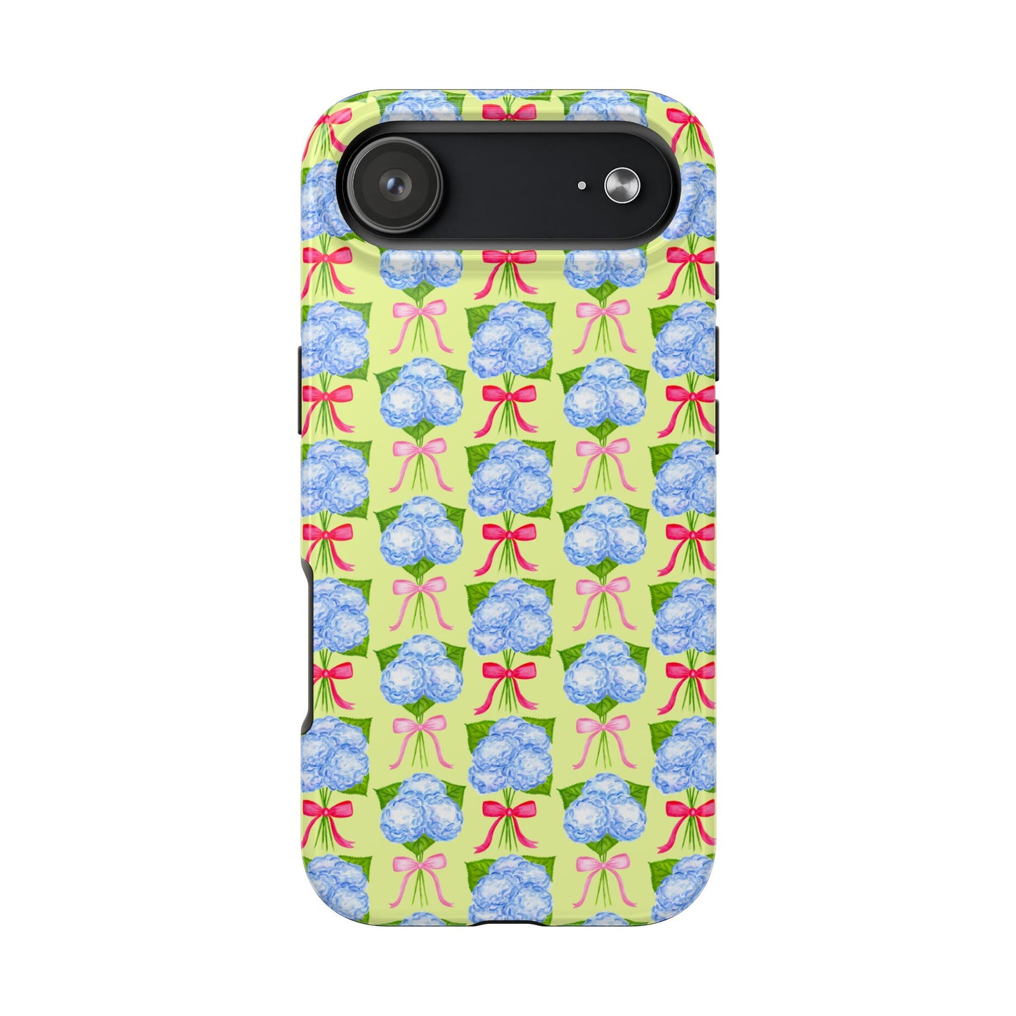 Watercolor Blue Hydrangea Bouquets with Hot Pink and Light Pink Bow Ribbons Illustrated Pattern Yellow Tough Phone Case | Various Models