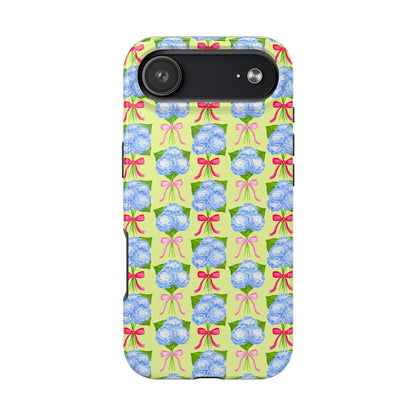 Watercolor Blue Hydrangea Bouquets with Hot Pink and Light Pink Bow Ribbons Illustrated Pattern Yellow Tough Phone Case | Various Models