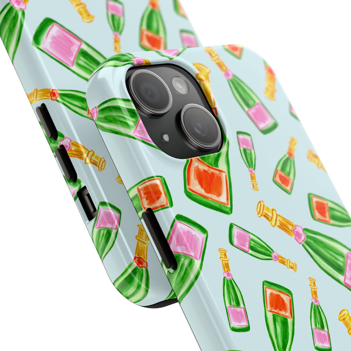 Tossed Pink and Green & Orange and Green Watercolor Illustrated Champagne Bottles Pattern Light Blue Tough Phone Case | Various Models