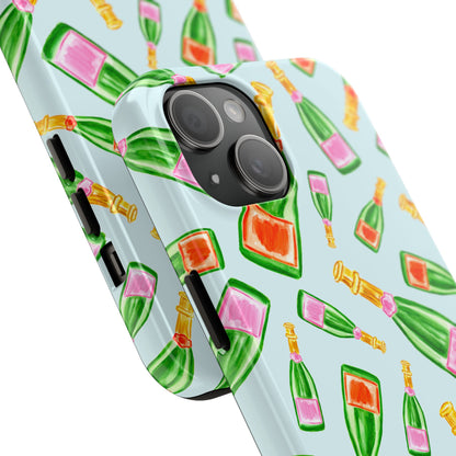 Tossed Pink and Green & Orange and Green Watercolor Illustrated Champagne Bottles Pattern Light Blue Tough Phone Case | Various Models
