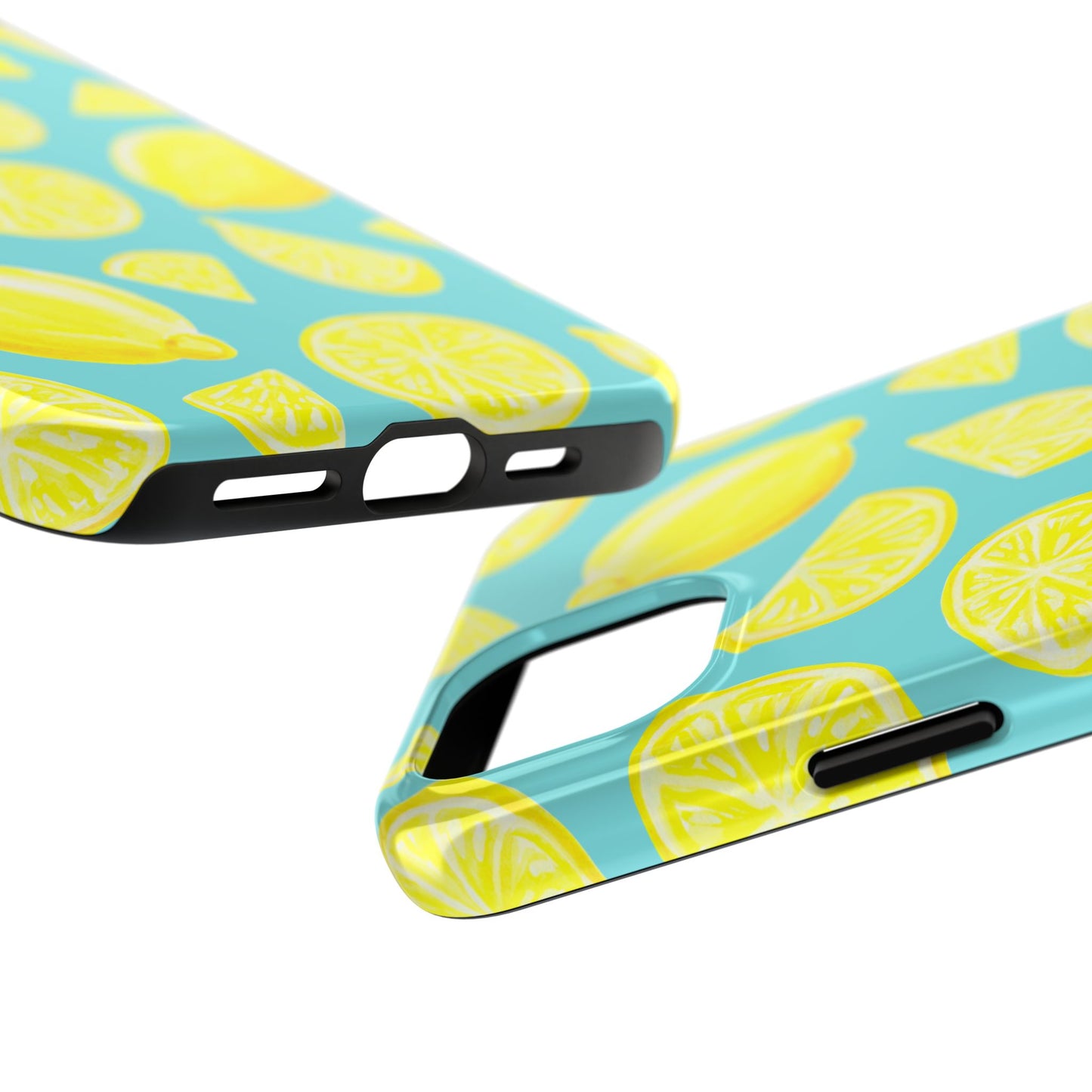 Bright Yellow Lemons Watercolor Illustrated Tossed Pattern Turquoise Blue Tough Phone Case | Various Models
