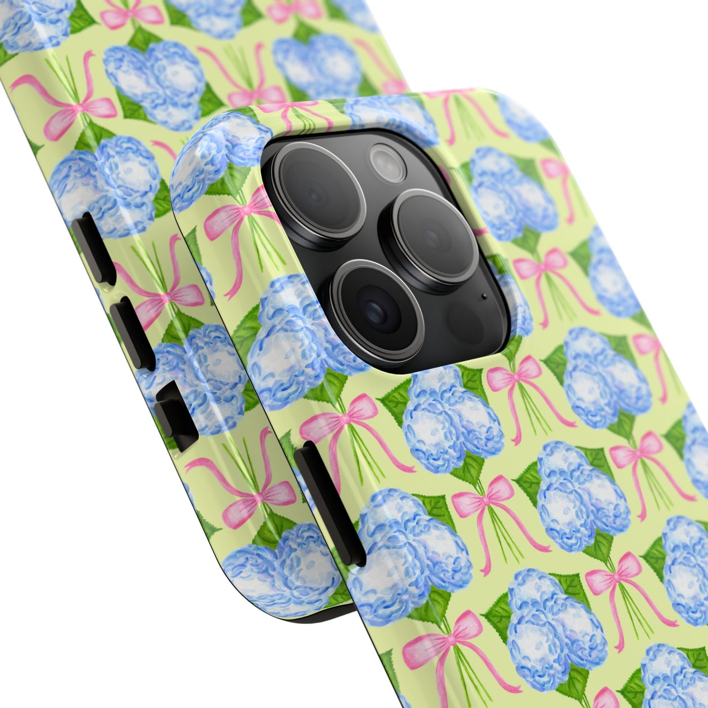 Blue Watercolor Hydrangea Bouquets with Light Pink Bows Watercolor Illustrated Patterned Yellow Tough Phone Case | Various Models