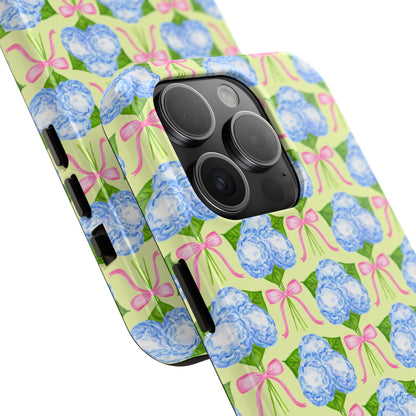 Blue Watercolor Hydrangea Bouquets with Light Pink Bows Watercolor Illustrated Patterned Yellow Tough Phone Case | Various Models