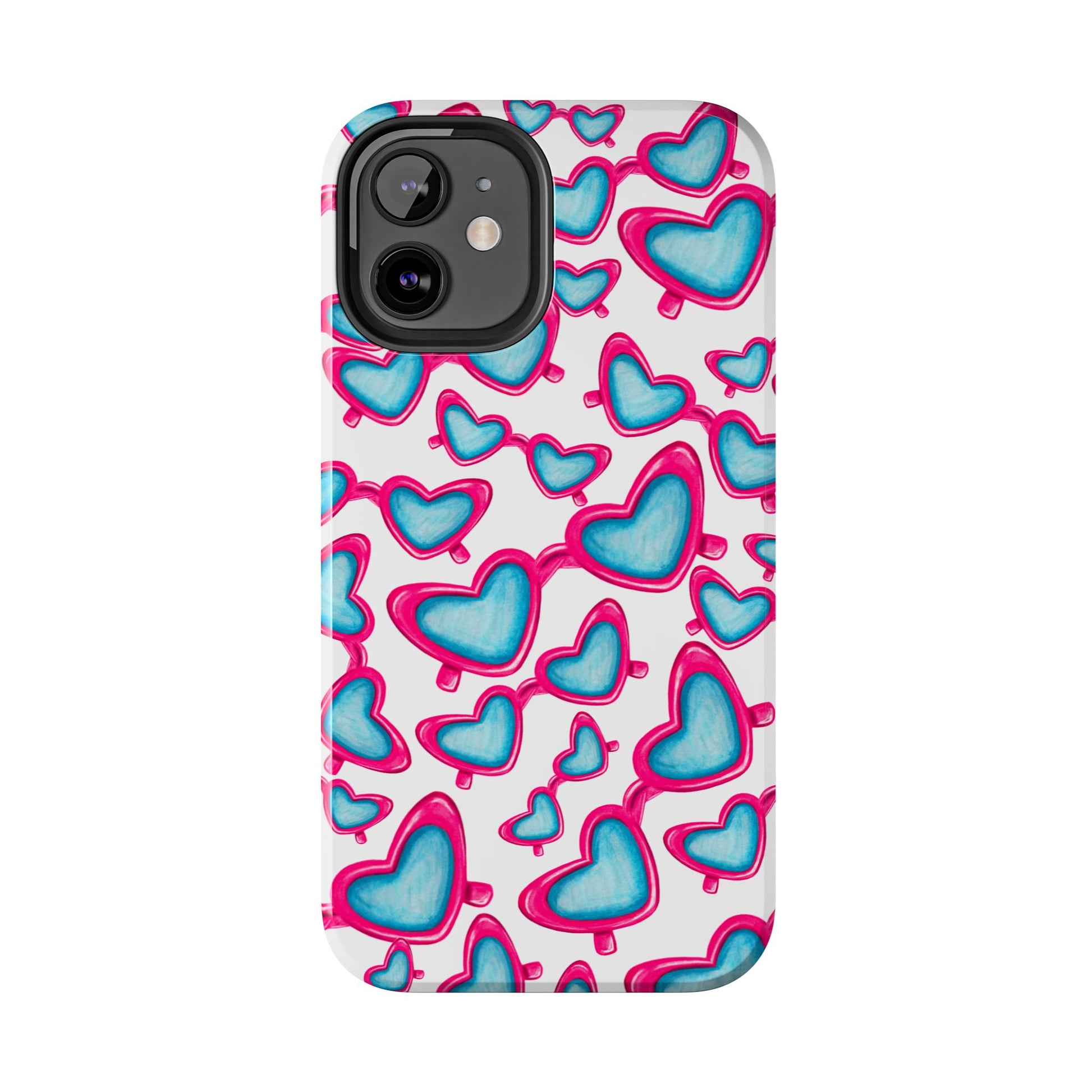 Pink & Blue Heart Shaped Sunglasses Watercolor Illustrated Tossed Pattern Tough Case | Various Models