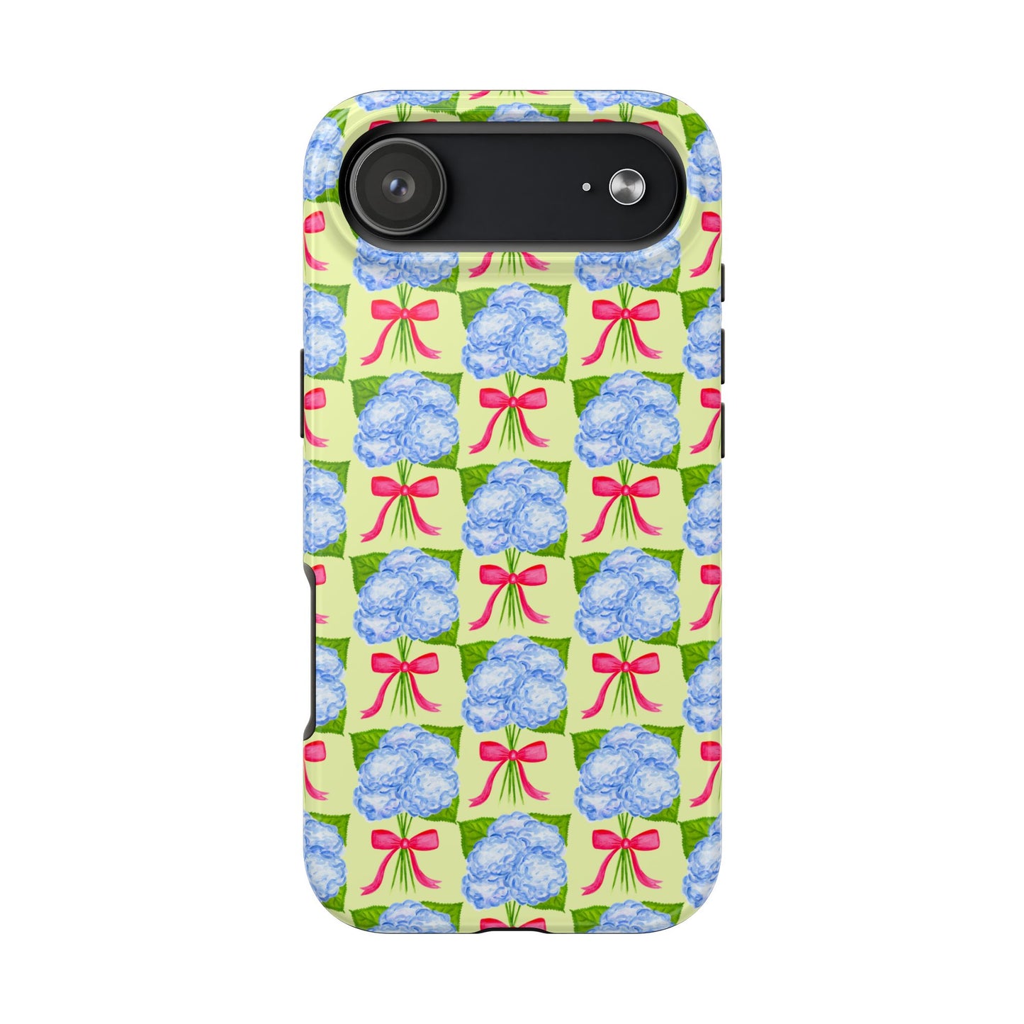 Blue Watercolor Hydrangea Bouquets with Hot Pink Bows Illustrated Patterned Yellow Preppy Grand Millenial Tough Phone Case | Various Models
