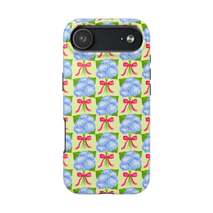 Blue Watercolor Hydrangea Bouquets with Hot Pink Bows Illustrated Patterned Yellow Preppy Grand Millenial Tough Phone Case | Various Models