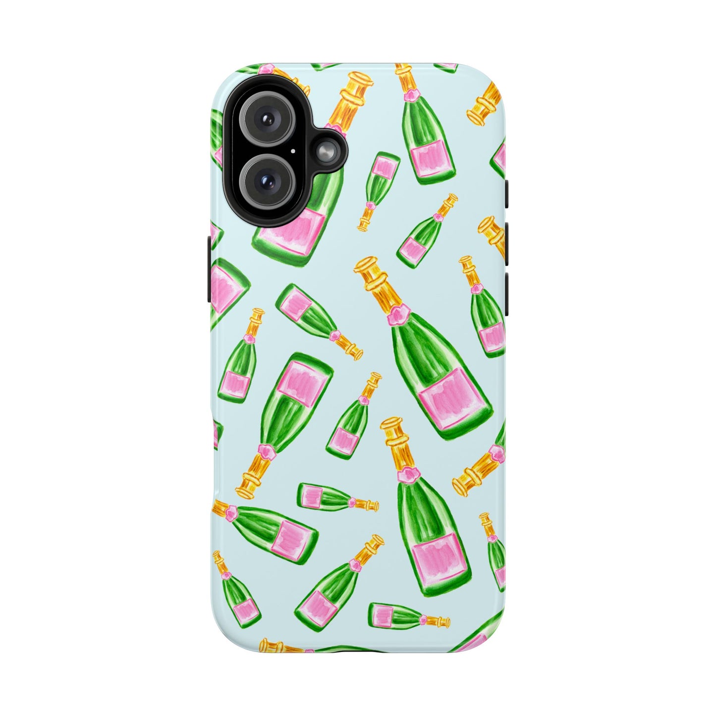 Tossed Pink and Green Watercolor Illustrated Champagne Bottles Pattern Light Blue Tough Phone Case | Various Models