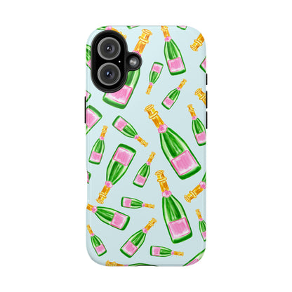 Tossed Pink and Green Watercolor Illustrated Champagne Bottles Pattern Light Blue Tough Phone Case | Various Models