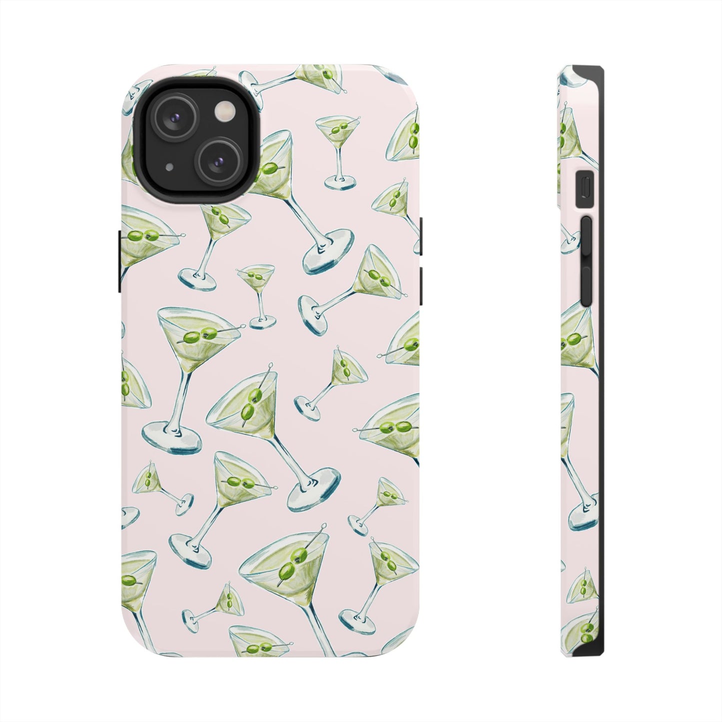 Watercolor Blue and Green Martinis Tossed Illustrated Pattern Blush Pink Tough Phone Case | Various Models