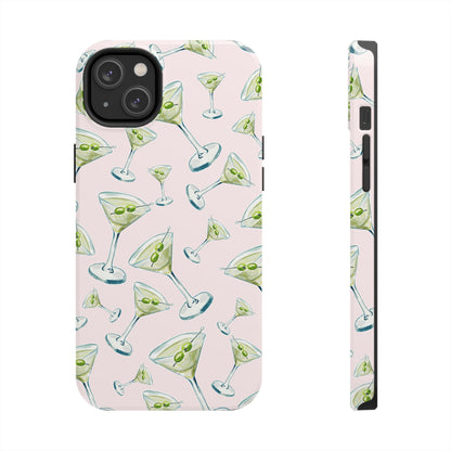 Watercolor Blue and Green Martinis Tossed Illustrated Pattern Blush Pink Tough Phone Case | Various Models