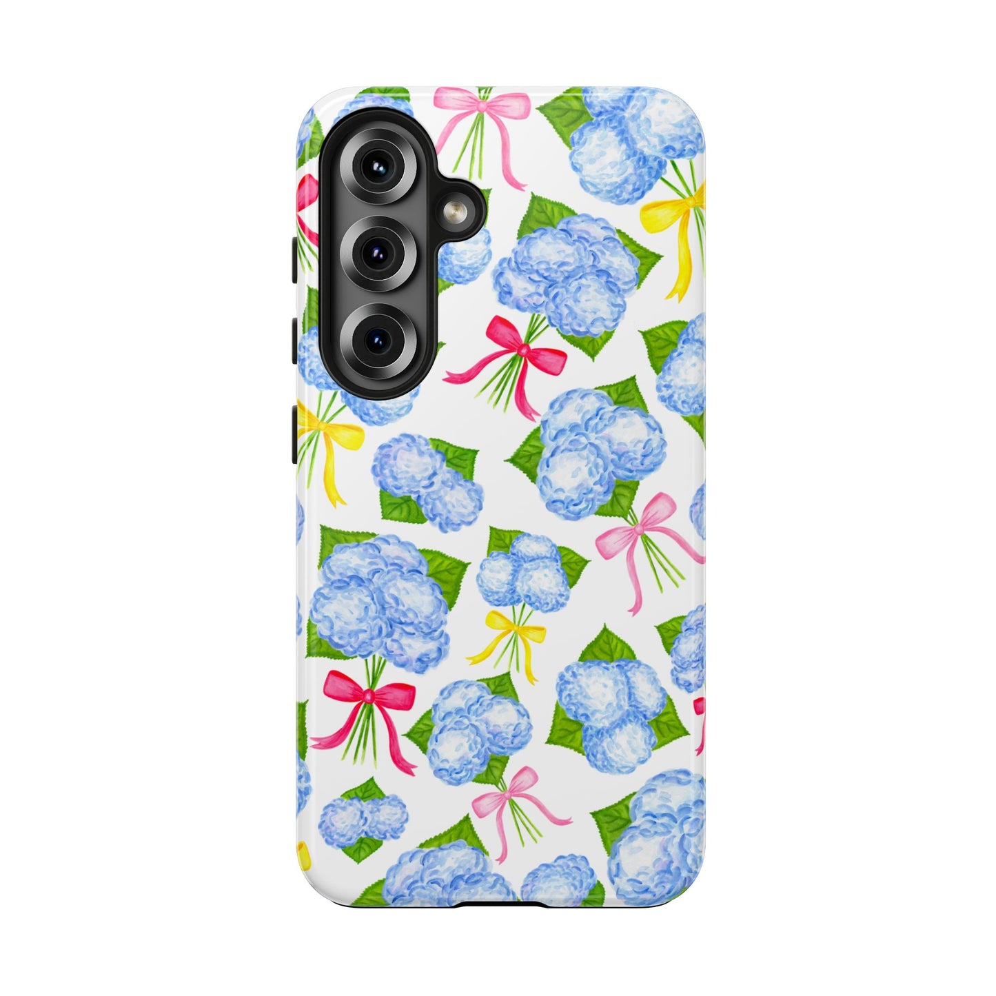 Blue Watercolor Hydrangea Bunches with Hot Pink, Yellow, Light Pink Bows Illustrated Patterned Tough Phone Case | Various Models
