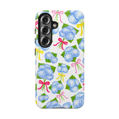 Blue Watercolor Hydrangea Bunches with Hot Pink, Yellow, Light Pink Bows Illustrated Patterned Tough Phone Case | Various Models